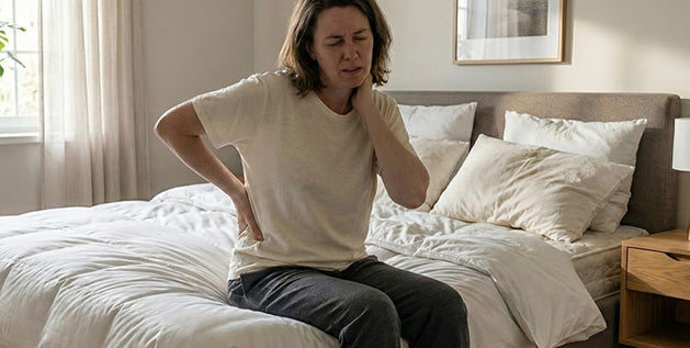 Woman experiencing neck and back pain while sitting on an old mattress in her bedroom.
