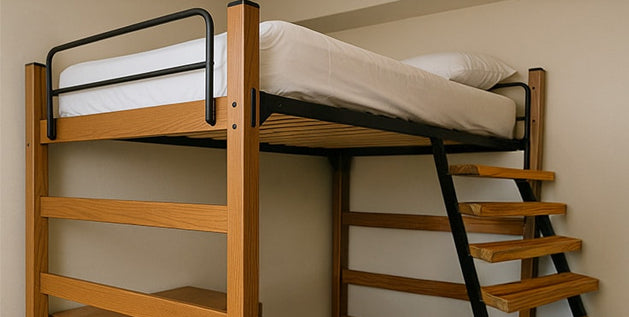 Wooden loft bed raised above a desk area inside dorm room, with guardrails, built-in ladder, and mattress on top.