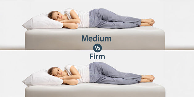 Woman sleeping on her side, comparing a medium vs firm mattress and how each supports the body.