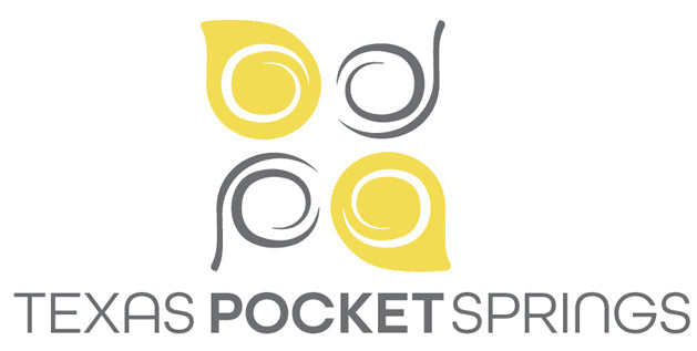 Texas Pocket Springs logo above a rising row of white fabric-wrapped pocket spring coils used for DIY mattress building.