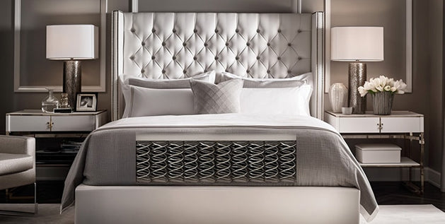 Innerspring mattress cross section with spring coils, upholstered headboard, and matching nightstands in a modern bedroom.