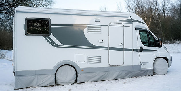 Winterized RV with insulated wheel covers and tire skirting parked in snow to protect against cold weather damage.