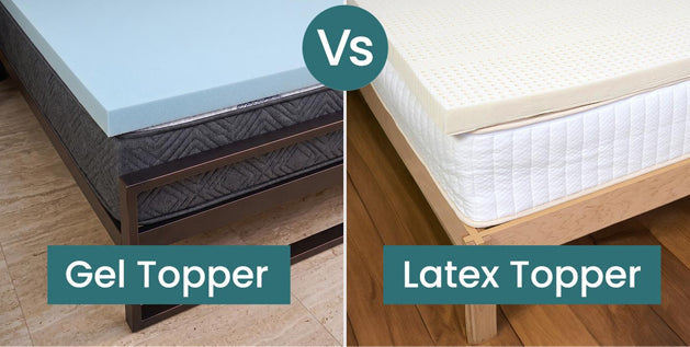 Blue gel mattress topper on the left vs white perforated latex mattress topper on the right.