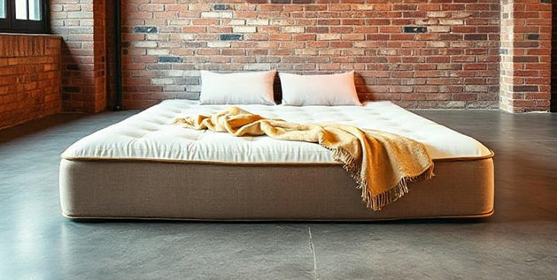 Mattress on the floor against an exposed brick wall with framed landscape art in a loft-style bedroom.