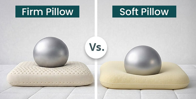 Firm vs soft pillow comparison showing a steel ball resting on each surface to demonstrate compression difference.