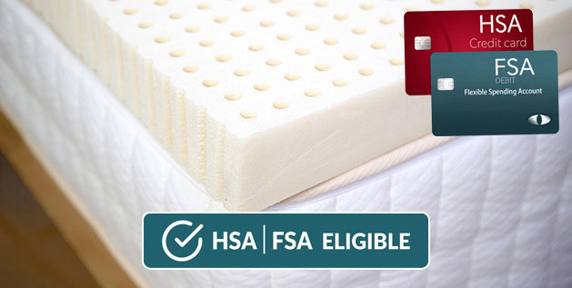 HSA/FSA eligible latex mattress topper from Turmerry on top of bed, with an Eligible for HSA/FSA logo near it.