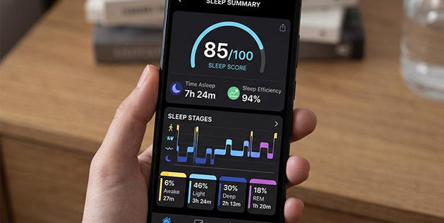 Hand holding a smartphone displaying a sleep score of 85/100 on a sleep score app.