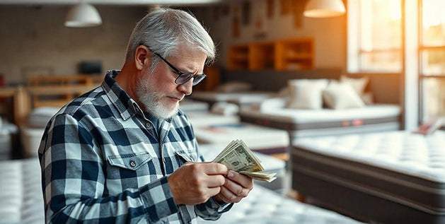 Man counting cash while comparing latex mattress cost in a mattress showroom.