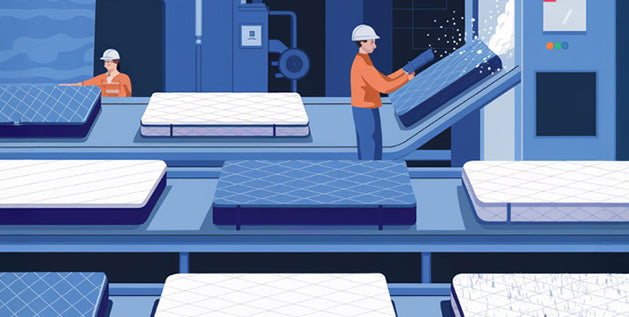 Illustrated workers on a mattress manufacturing line, amid stacked finished mattresses.