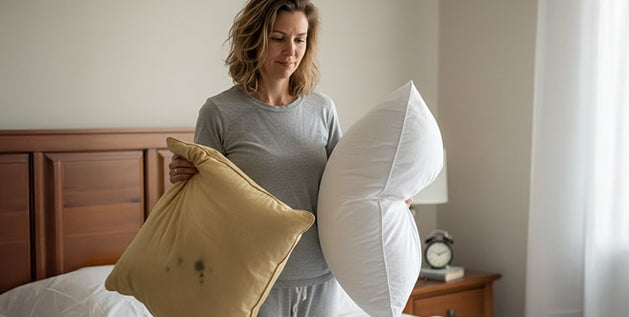 Woman compares a stained, yellowed pillow to a fresh white one, illustrating how often you should replace your pillow.