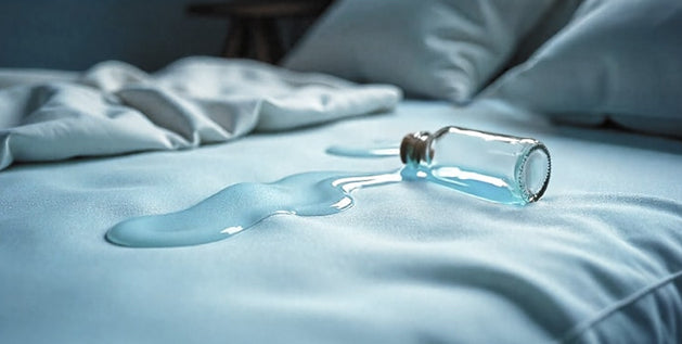 Water spilling from a glass bottle onto a mattress, soaking the fabric wet.