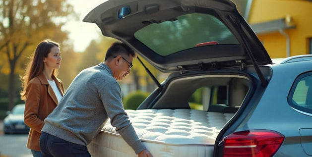 Man and woman fitting a mattress into an SUV trunk to transport a mattress in a car.