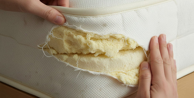 Torn mattress fabric held open by hand, exposing yellow foam padding beneath the surface.