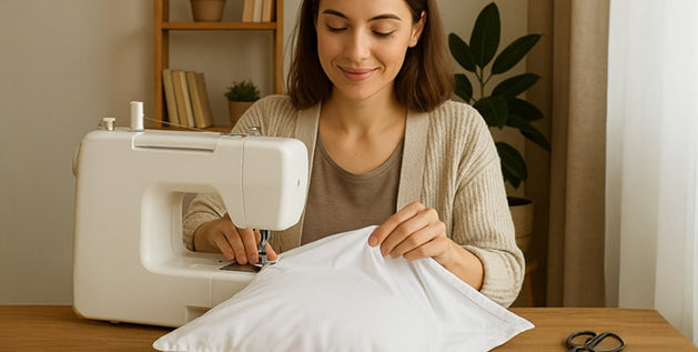 Woman using a sewing machine to sew the open edge of a white pillow cover closed.