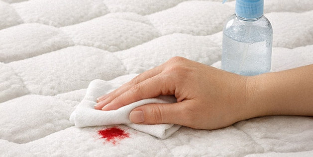 Hand removing blood from a mattress topper using a damp cloth and spray bottle of cleaning solution.