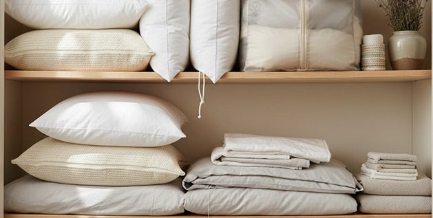  How to store pillows properly on open wooden shelves alongside folded linens, zippered bags, and a lavender sachet.