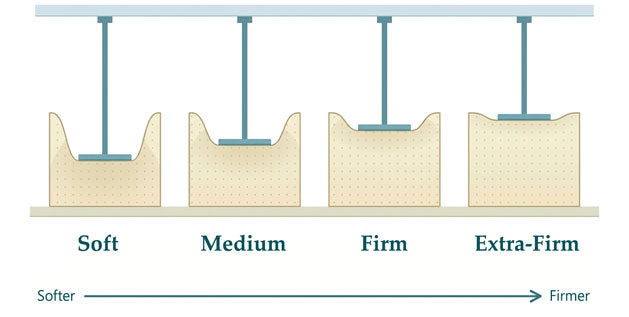 Illustration of latex mattress firmness and ILD ratings with indenter pressing on soft, medium, firm, and extra-firm latex.
