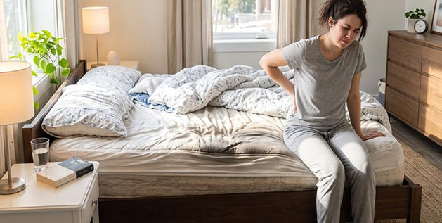 Lady sitting at the edge of an old, worn out bed, holding her back, to indicate the signs you need a new mattress.