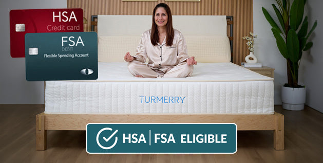 Lady sitting on a Turmerry latex mattress bought with FSA/HSA funds, with an Eligible for HSA/FSA logo beside her.