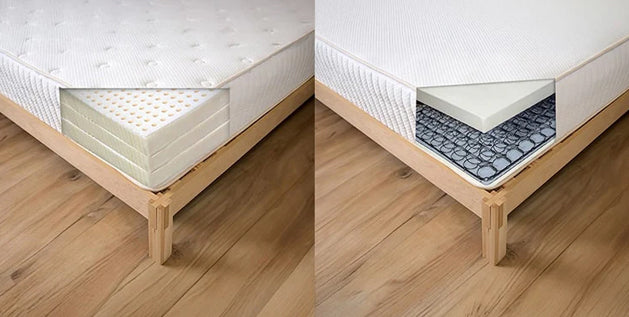 Latex mattress cross-section beside innerspring mattress cross-section showing internal foam and coil layers.