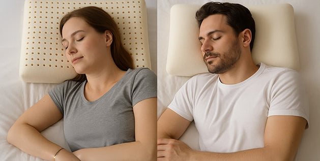 Man and woman side by side sleeping on latex pillow and memory foam pillow, comparing latex vs memory foam pillow support.