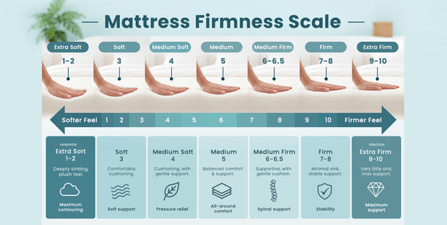 Mattress firmness scale with extra-soft, soft, medium-soft, medium, medium-firm, firm, and extra-firm.