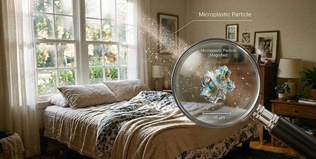 Magnified microplastic particle above a bed.