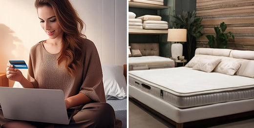 Split image: woman shopping for a mattress online with a laptop, and a plush mattress styled in a cozy bedroom for in-store comparison.