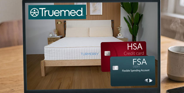 POV of laptop screen with a Truemed logo and Truemed HSA/FSA card beside it.