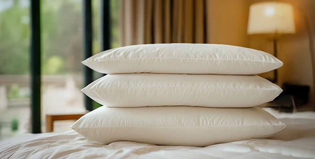 Three stacked pillows with pillow loft variation showing different thickness levels on a hotel-style bed.
