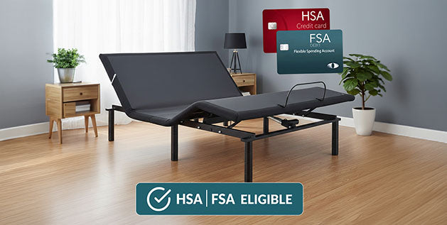 Turmerry adjustable base in a modern bedroom, with HSA/FSA eligible logo and HSA/FSA cards beside it.