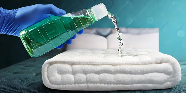 Blue-gloved hand pours green chemical liquid from a bottle onto a white mattress.