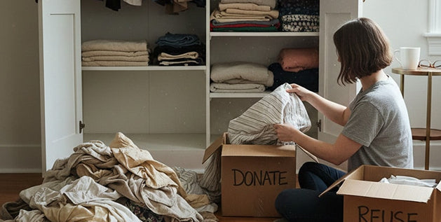 Woman sorting old bedding into donate and reuse boxes beside an open linen closet.