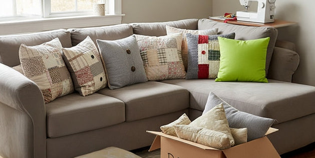 Old pillows removed from a sofa and packed into a donate box beside scattered polyester filling.