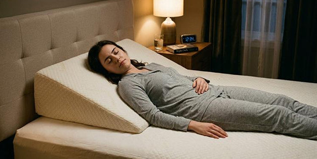 Split view: woman lying on bed using a wedge pillow under her head and back in top panel, and under her legs in bottom panel.