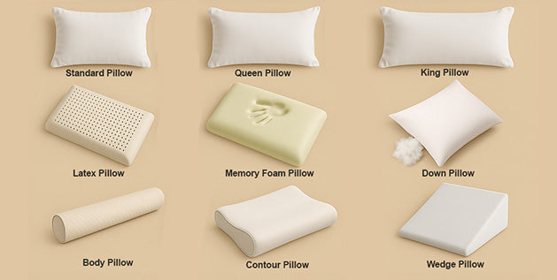 Grid showing nine common types of pillows, including standard, memory foam, latex, down, and contour designs.