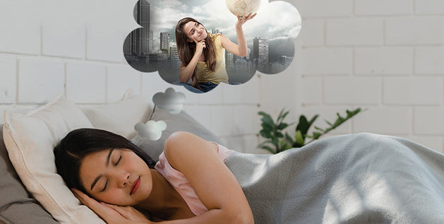 an infographic of a person sleeping and a bubble over their head showing glimpse of a dream