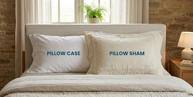 Bedroom with two white pillows labeled pillow case and pillow sham on beige headboard with brick wall and window.