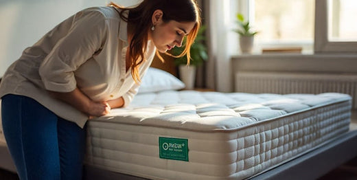 Woman closely inspecting a new mattress by leaning over it, checking for the source of an unusual smell.